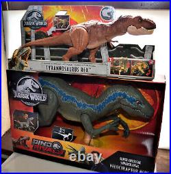 Jurassic World Super Colossal Velociraptor Blue + Thrash N Throw T-Rex MIP