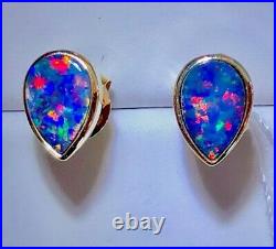Petite Mighty FIRE red 14k gold Australian Opal Earrings studs Teardrop VIDEO